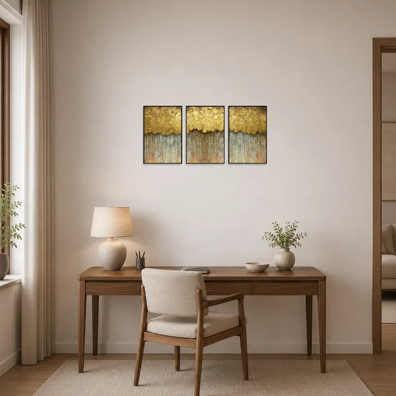 Golden circle abstract art set inspires creativity in a sleek home office.
