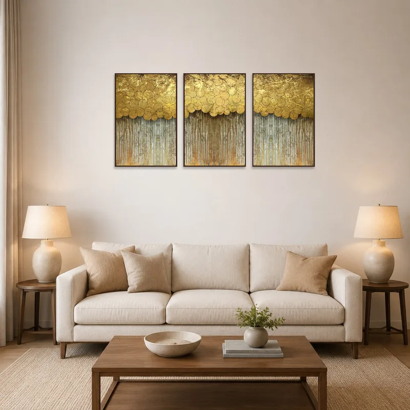 Golden circle abstract art set hangs in a stylish living room above a modern sofa.