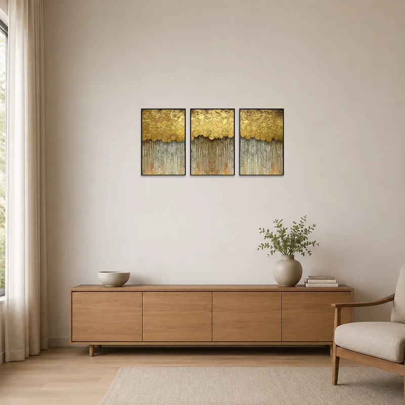 Minimalist room features the golden circle abstract art set on a stark white wall.