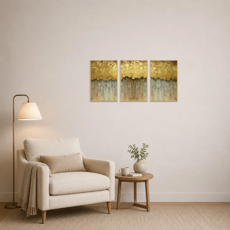 Reading corner enhanced by the golden circle abstract art set adds a touch of warmth.