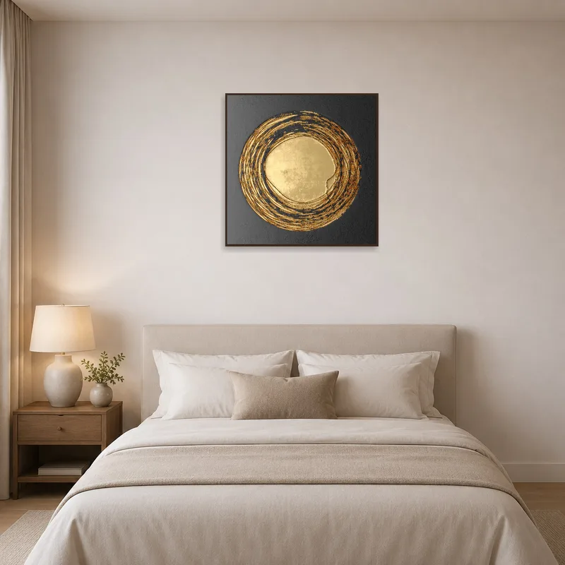 Golden circular abstract adding elegance to a bedroom wall.