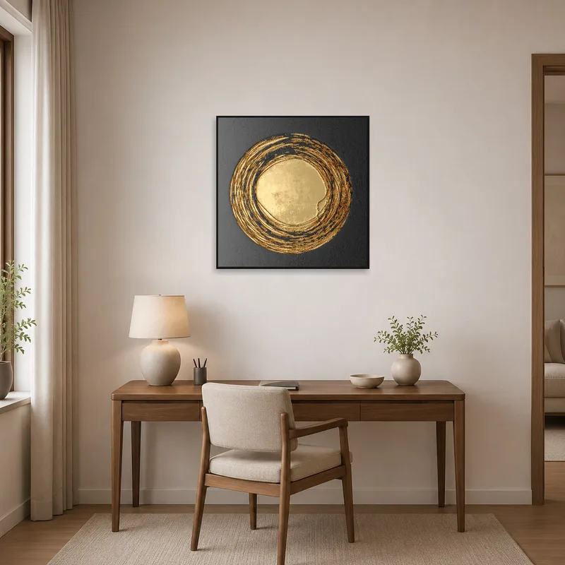 Golden circular abstract piece inspiring a home office environment.