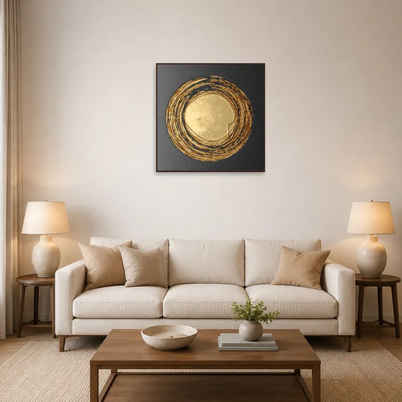 Golden circular abstract on textured background in a modern living room.