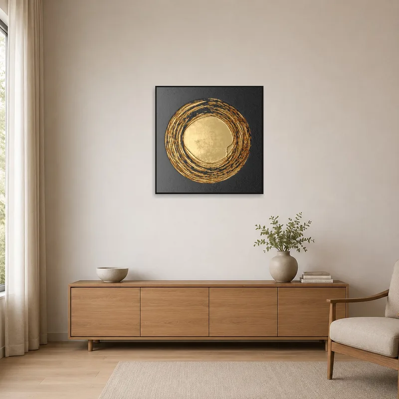 Golden circular abstract art piece accentuating a minimalist space.