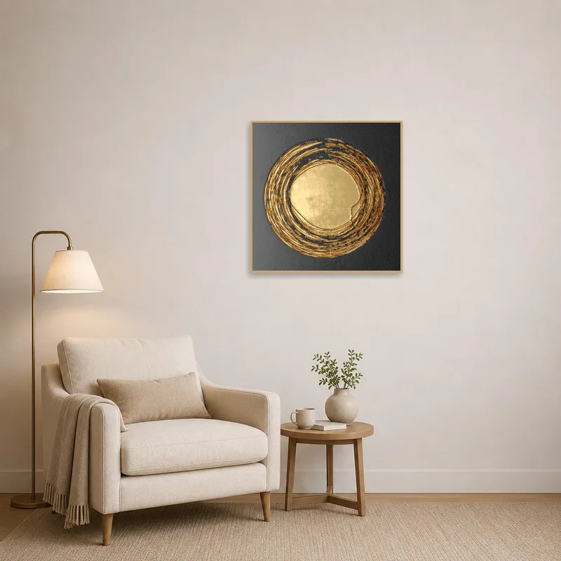 Golden circular abstract hanging above a cozy reading corner.