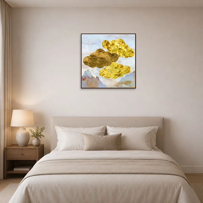Golden clouds over mountains adorn a peaceful bedroom wall.