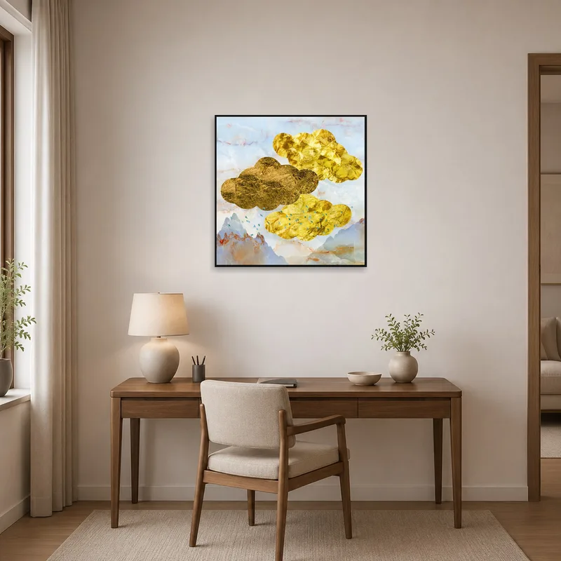 Inspiring golden art above a desk in a home office.