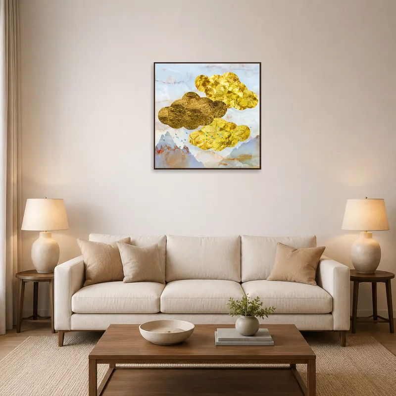 A golden-hued cloud art above a cozy sofa in the living room.