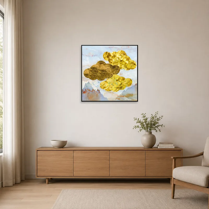 Golden abstract mountains in a sparse minimalist room.