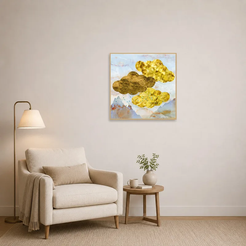 A serene piece featuring gold clouds in a reading corner.
