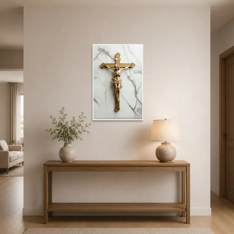 Golden crucifix art print on marble welcomes guests in an entrance hall.