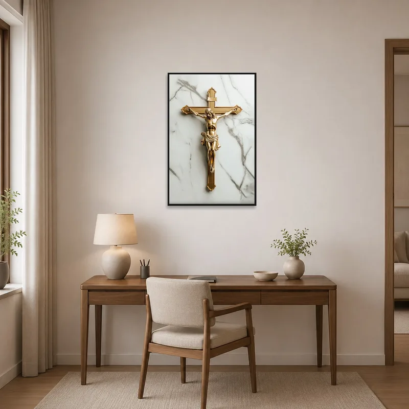 Golden crucifix on marble above a desk in a home office.