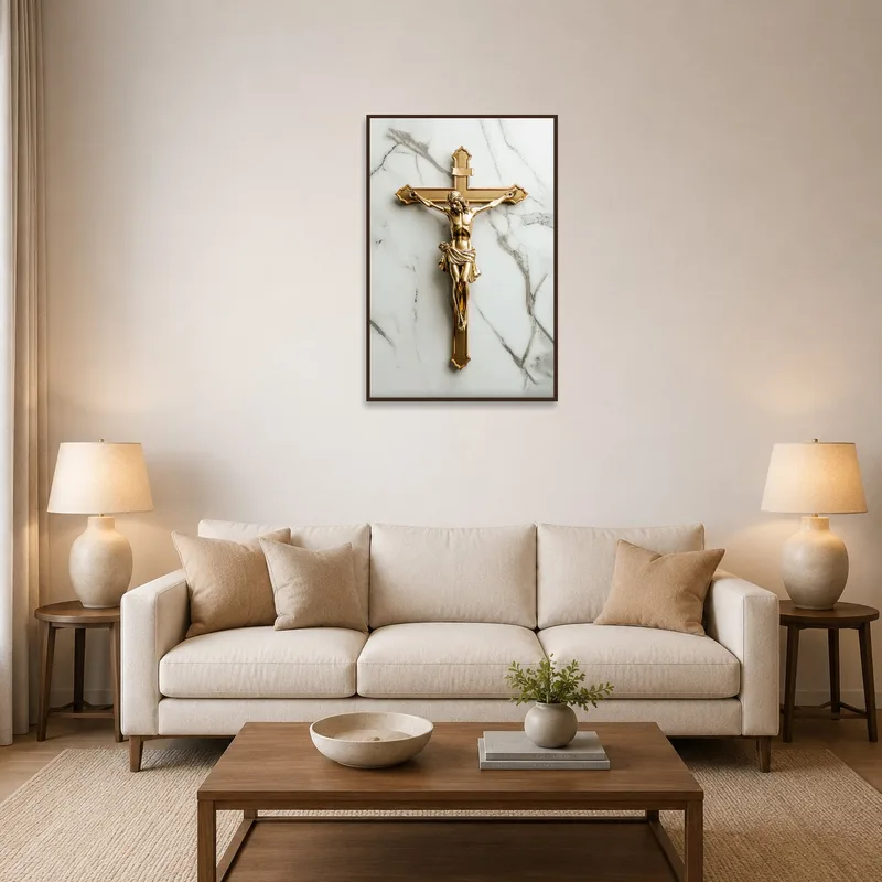 Golden crucifix art print on a marble background above a living room sofa.