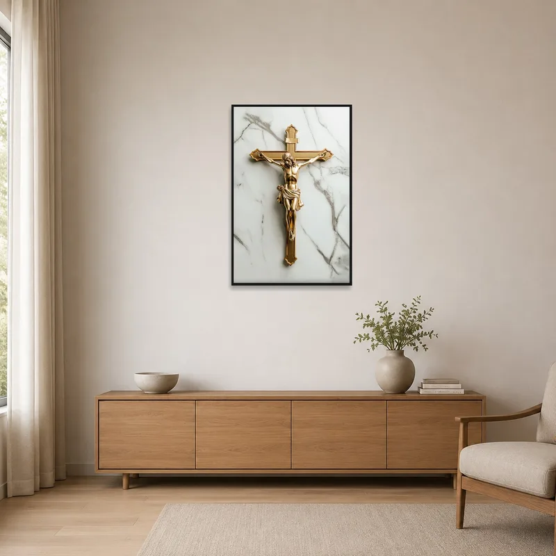 Golden crucifix on marble, adding elegance to a minimalist space.