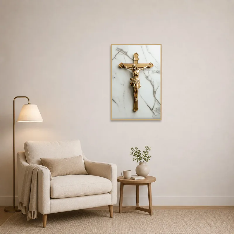 Golden crucifix art hung behind a cozy reading corner.