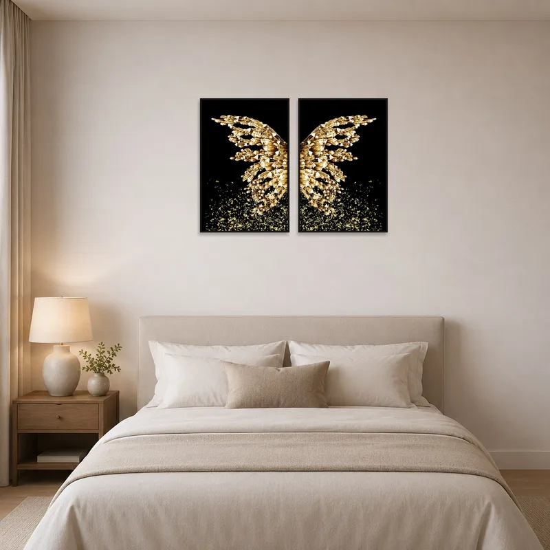 Golden crystal abstract set adding elegance to a bedroom wall.