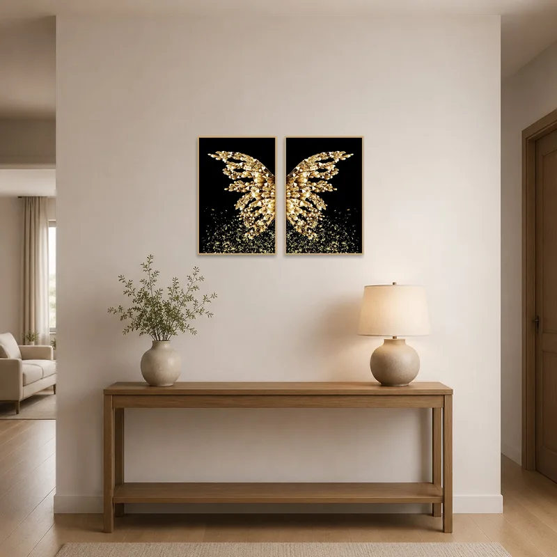 Golden crystal abstract pieces displayed in an entrance hall.