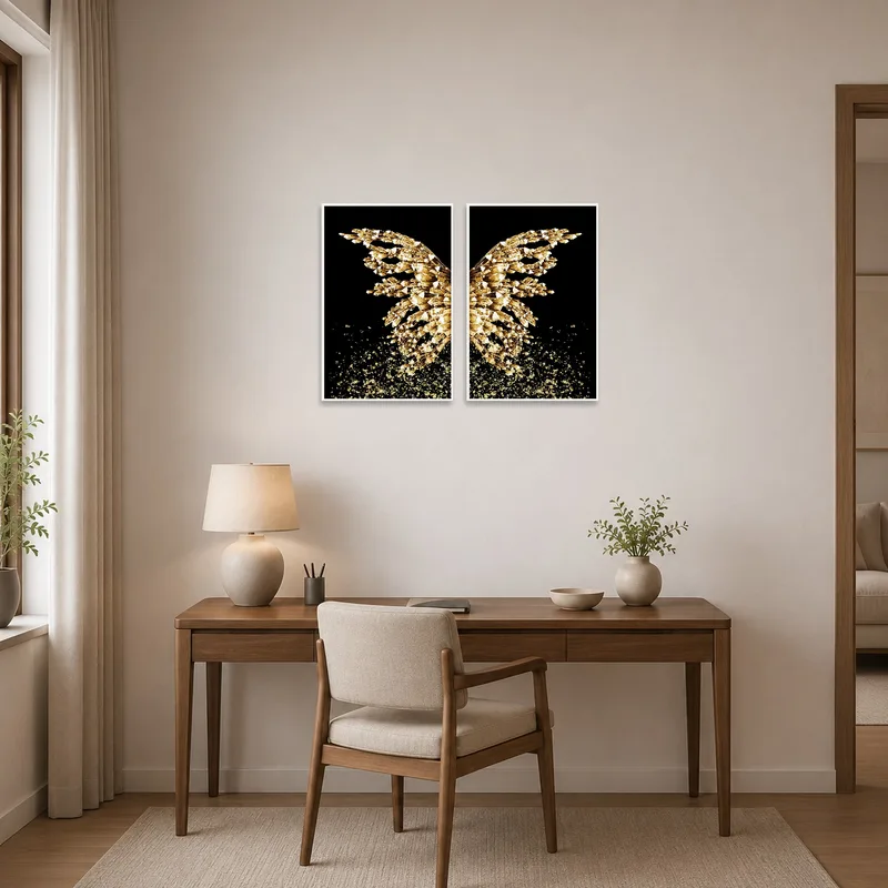Golden crystal abstract prints bringing style to a home office.
