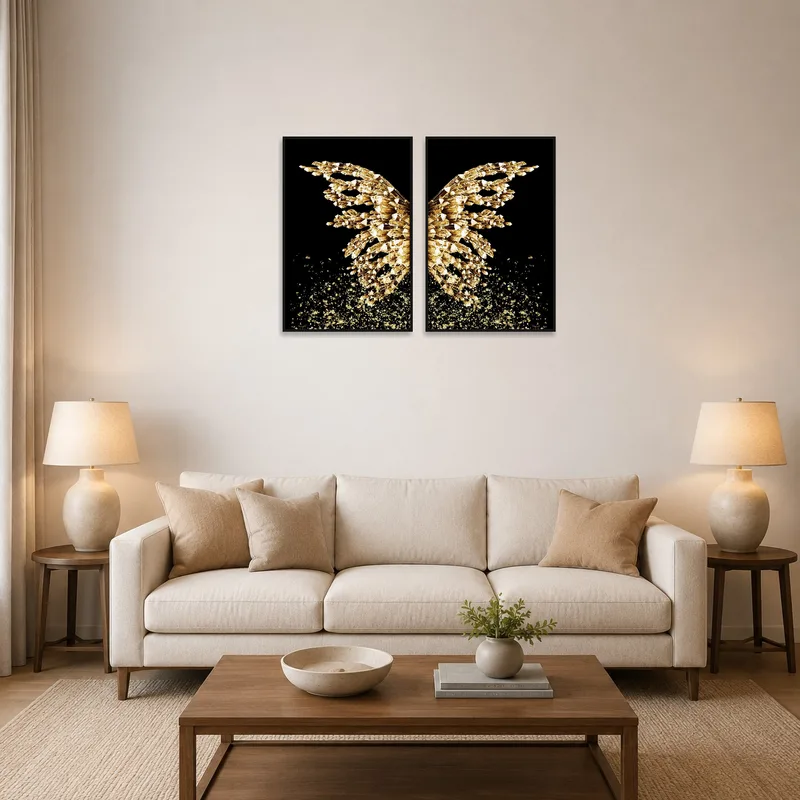 A set of golden abstract crystal prints adorning a living room wall.