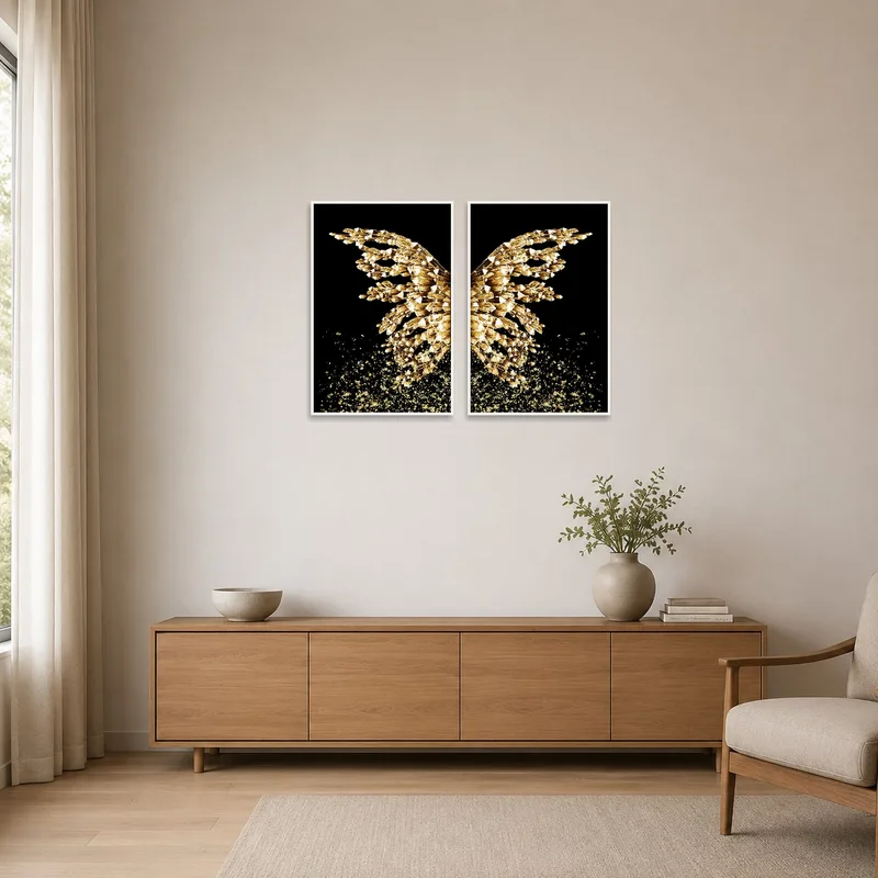 Golden crystal abstract art set enhancing a minimalist room.
