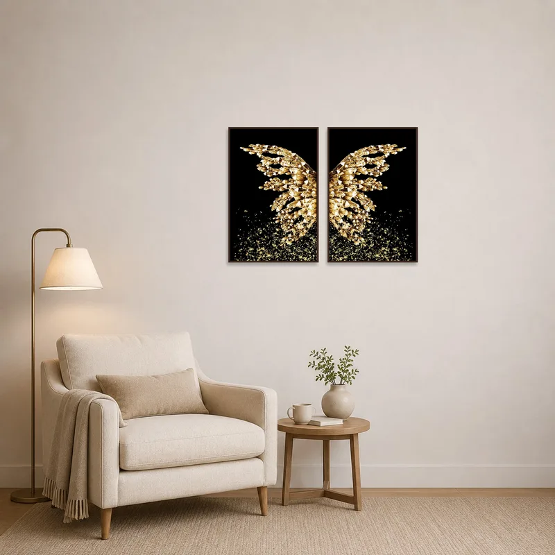 A reading corner featuring a set of golden crystal abstract pieces.