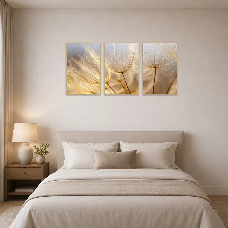 Golden dandelion triptych brings warmth above a bedroom headboard.