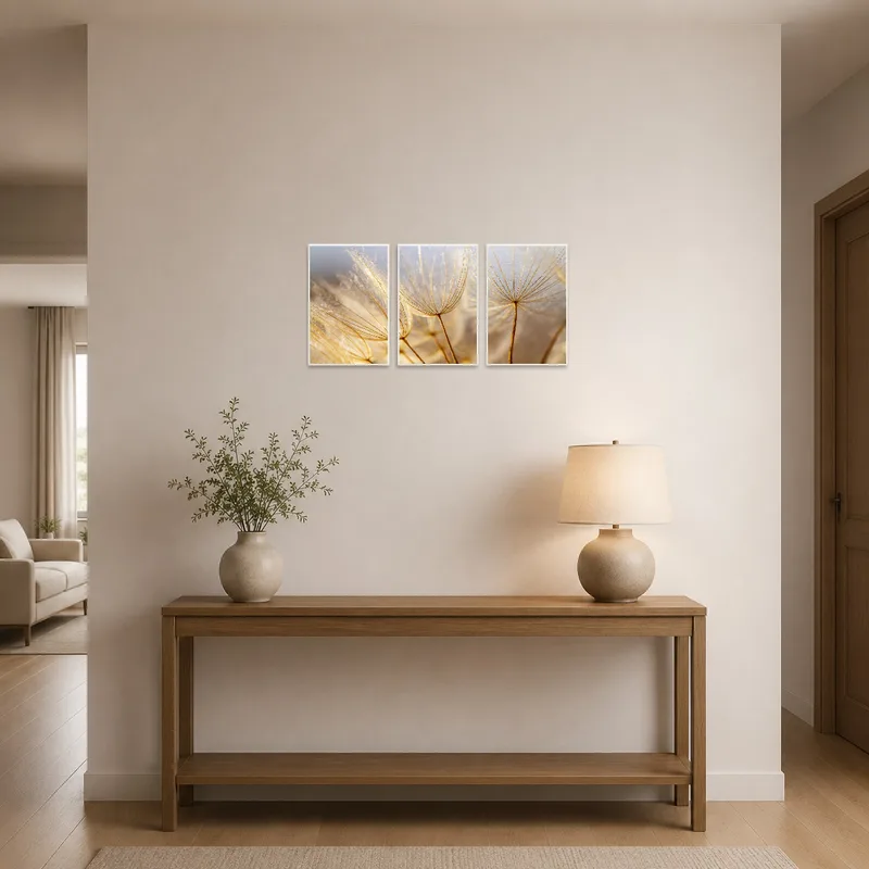 Golden dandelion art set greets visitors in a stylish entrance hall.