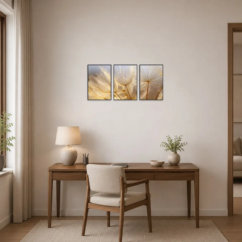 Dandelion triptych enhances the focus in a contemporary home office.
