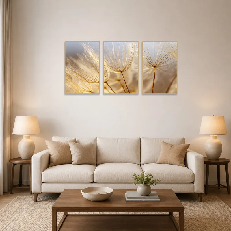 Golden dandelion triptych set hangs above a modern living-room sofa.
