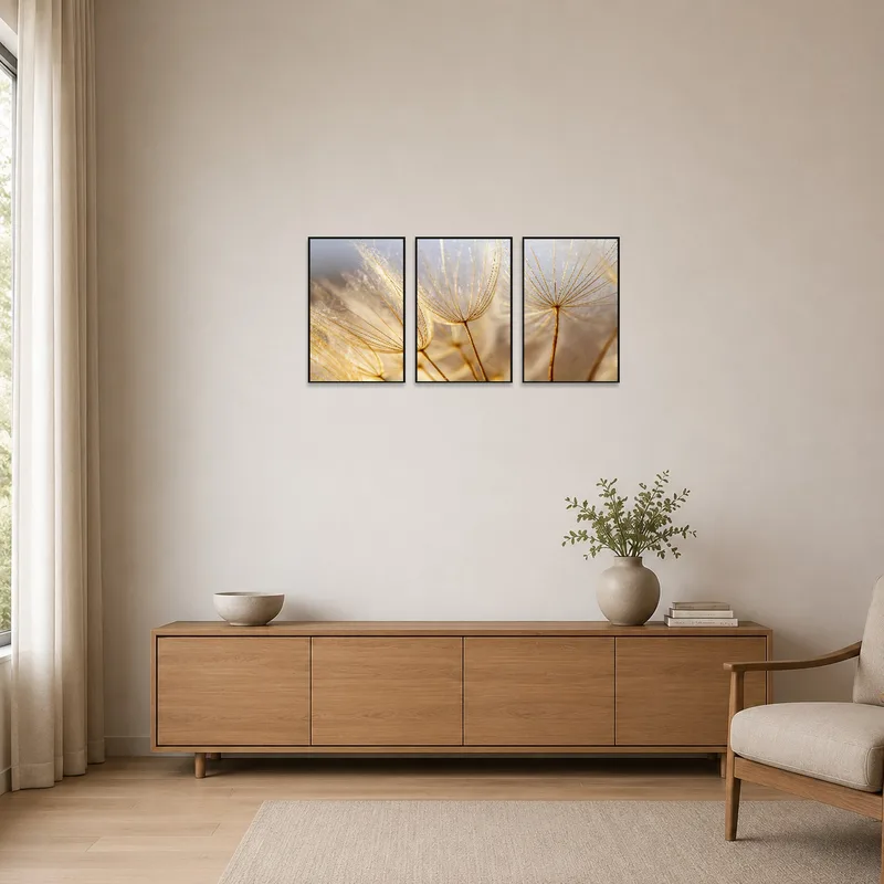 Triptych of golden dandelions adorns a minimalist white wall.
