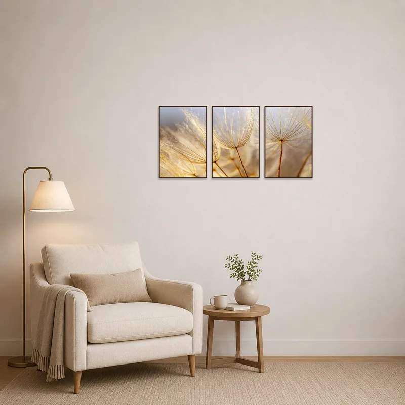 Elegant dandelion triptych adds serenity to a cozy reading corner.