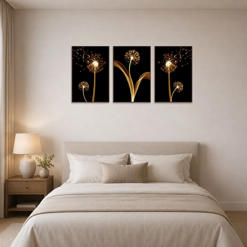 Golden dandelions set brings warmth to a bedroom wall above a cozy bed.