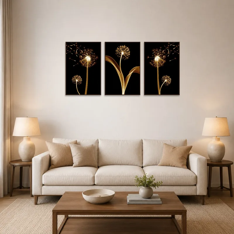 Sepia-toned dandelion art set on the wall above a plush sofa in the living room.