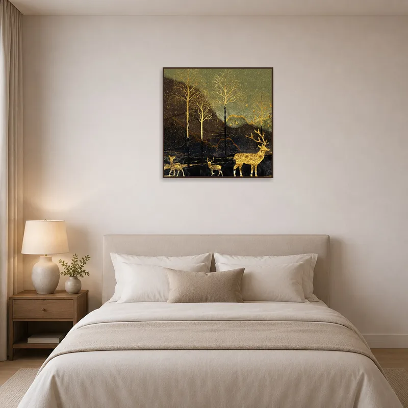Golden deer and forest print above the bed in a tranquil bedroom.