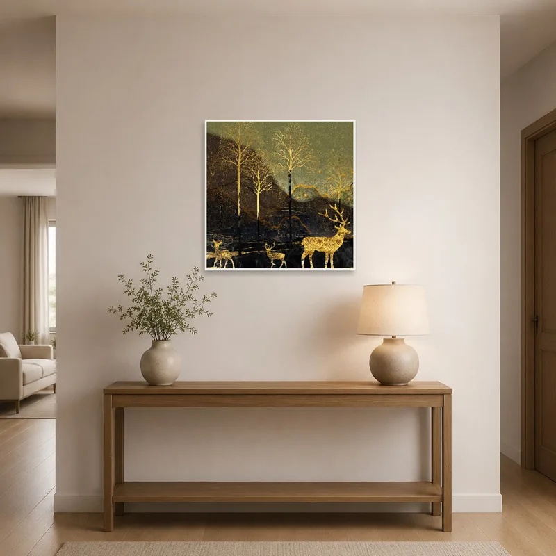 Golden deer and forest silhouette artwork in a stylish entrance hall.