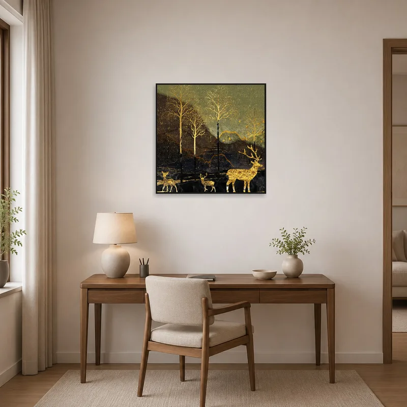 Golden deer forest silhouette art in a chic home office.