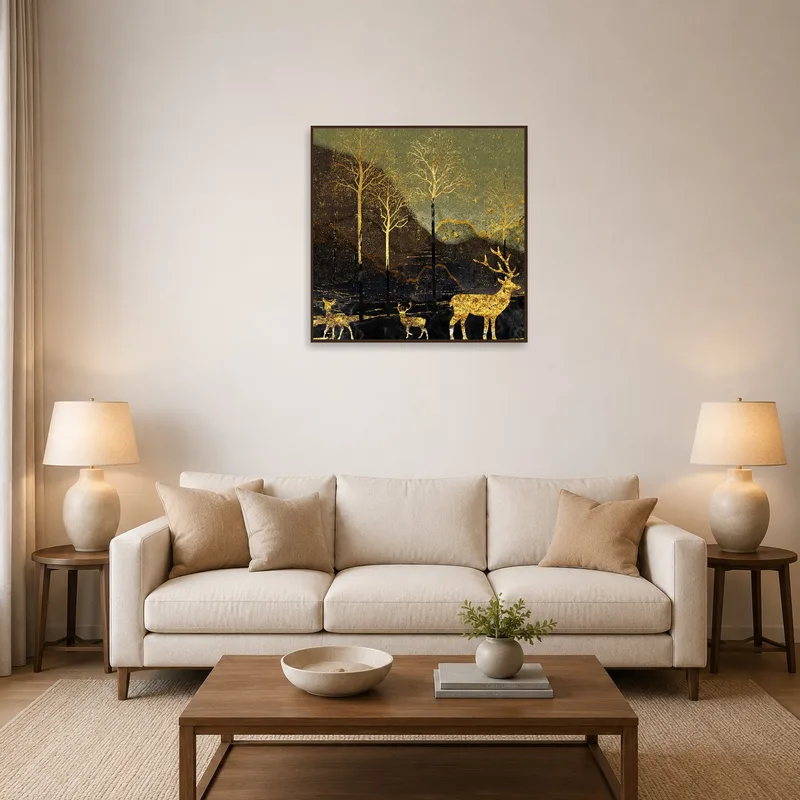 Golden deer and forest silhouette art in a cozy living room setting.