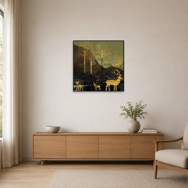 Golden deer art in a minimalist room with clean lines.