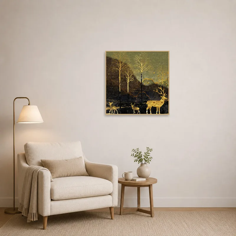 Golden deer art print enhancing a serene reading corner.