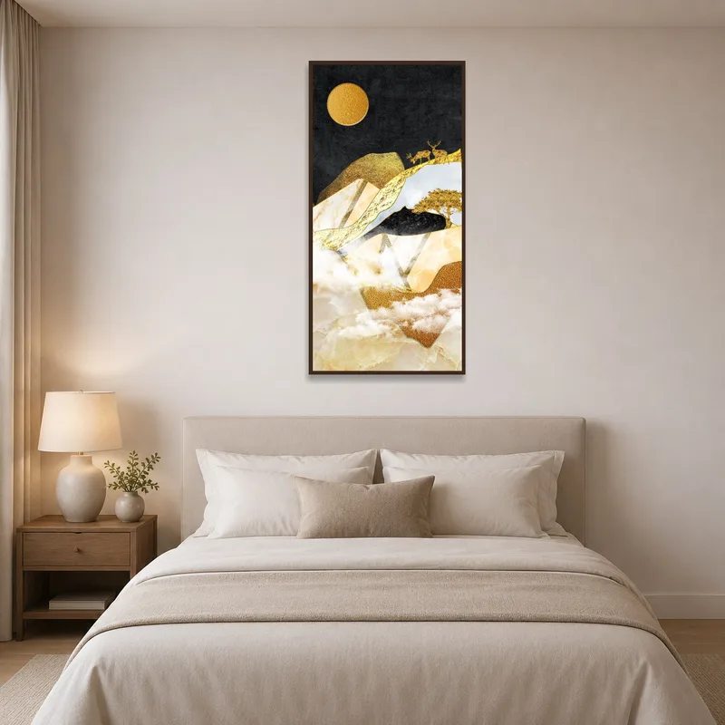 Golden Deer landscape bringing tranquility to a bedroom above the bed.