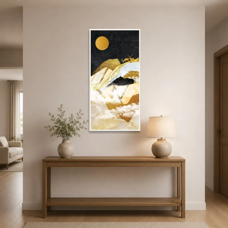 Golden Deer mountain scene welcoming guests in an entrance hallway.