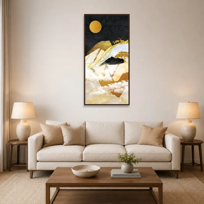 Golden Deer artwork on a mountain landscape above a living room sofa.