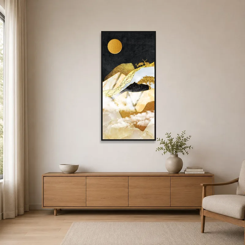 Golden Deer art piece accentuating a minimalist room with clean lines.