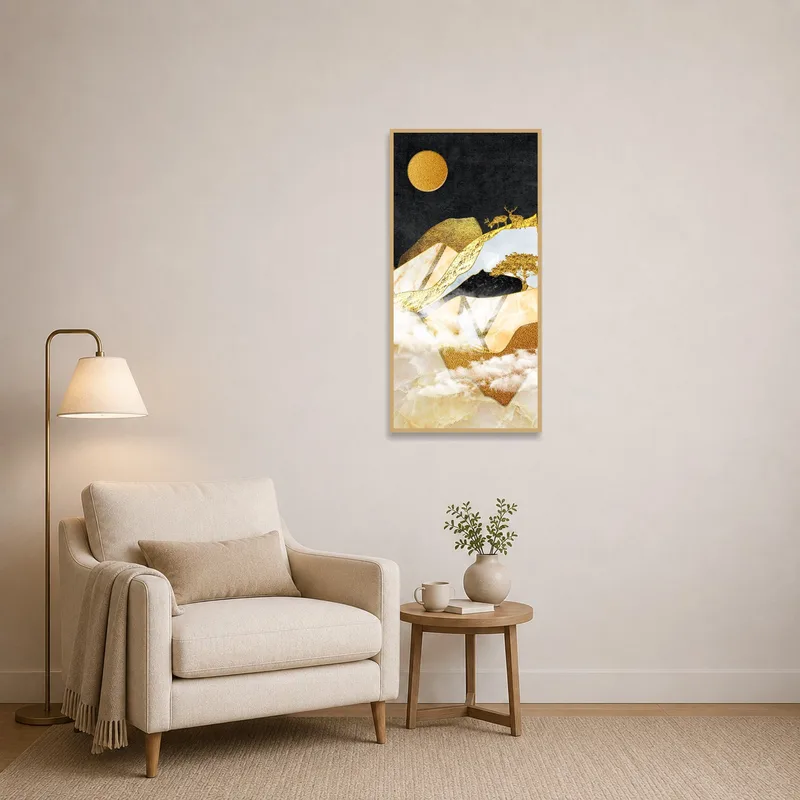 Golden Deer art adding warmth to a cozy reading corner with a chair.