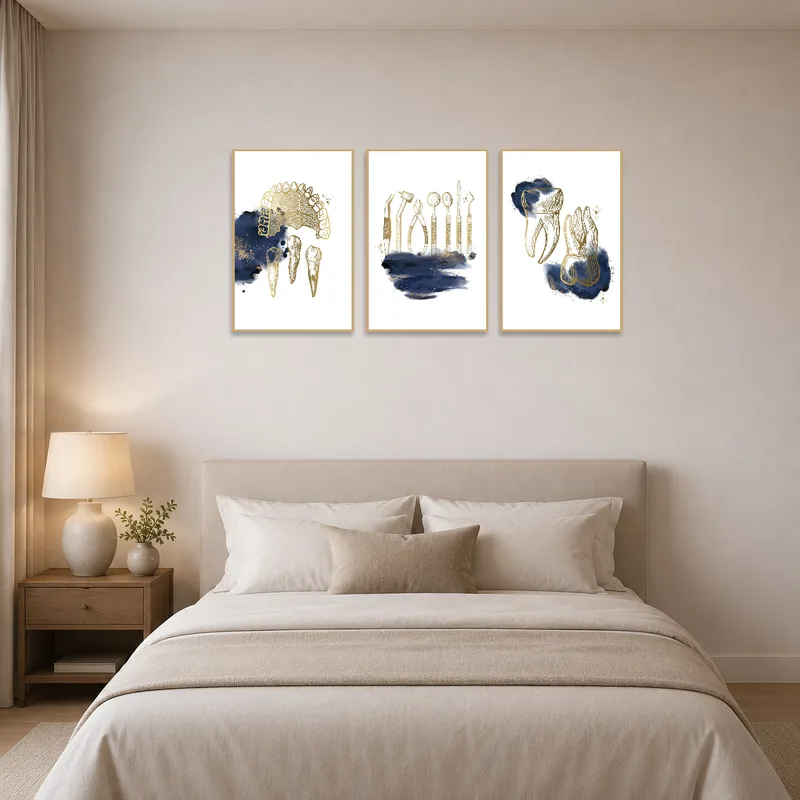 Golden dental anatomy set creating a focal point in a serene bedroom.
