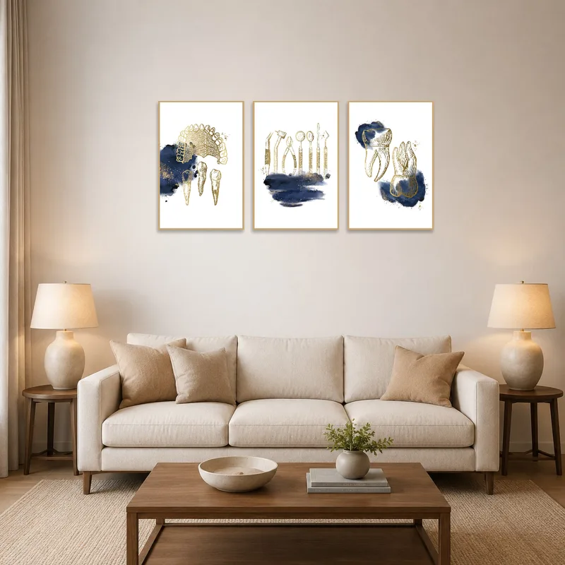 Golden dental anatomy art set on a living room wall above a sleek modern sofa.