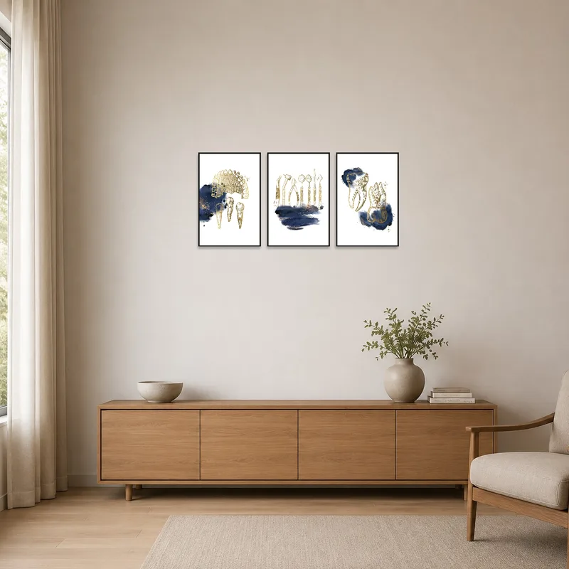 Golden dental anatomy triptych in a minimalist room with clean, simple lines.