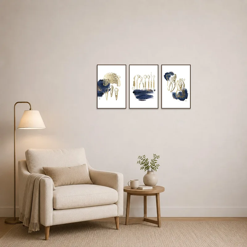 Golden dental anatomy art set adding interest to a cozy reading corner.