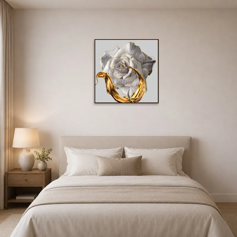 Golden Elegance artwork enhancing the calm atmosphere of a tranquil bedroom.