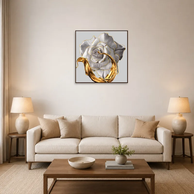 Golden Elegance artwork elegantly displayed above a modern living room sofa.